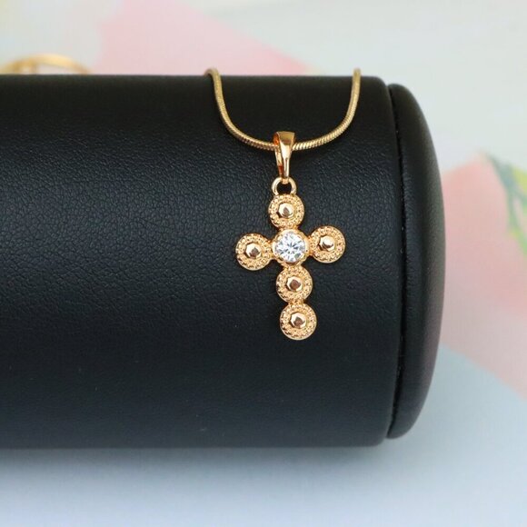 "Rose Gold Cross Pendant with Textured Beads and Center Crystal Stone, XPPT1606 - Picture 7 of 13